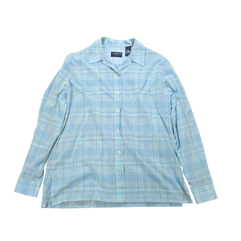 Liz Claiborne Lizsport Button Down Shirt Size P Blue Plaid Cotton Long Sleeve